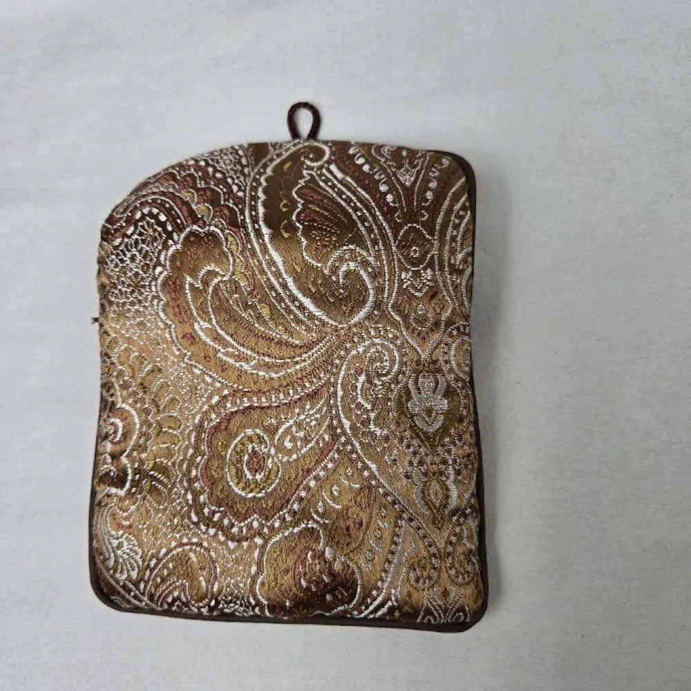 VTG Barbara Bixby Jewelry Pouch Brown Gold Satin Paisley Brocade Travel Bag Smal